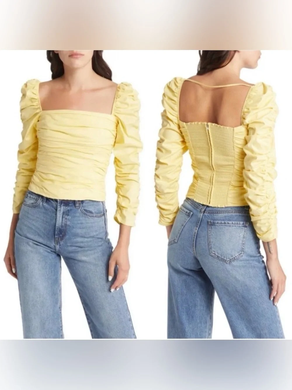 Reformation Joi Top Ruched Yellow Puff Sleeve Square Neck Smocked Size 10 $148
